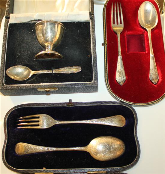 Two silver forks and spoons, egg cup and spoon